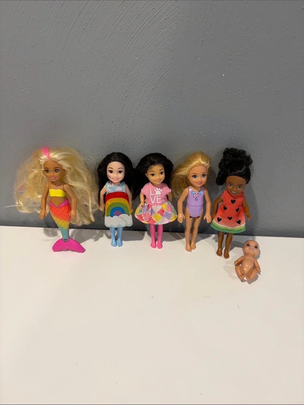 Barbie Chelsea and baby doll Lot with Rainbow, Mermaid Pink, Purple